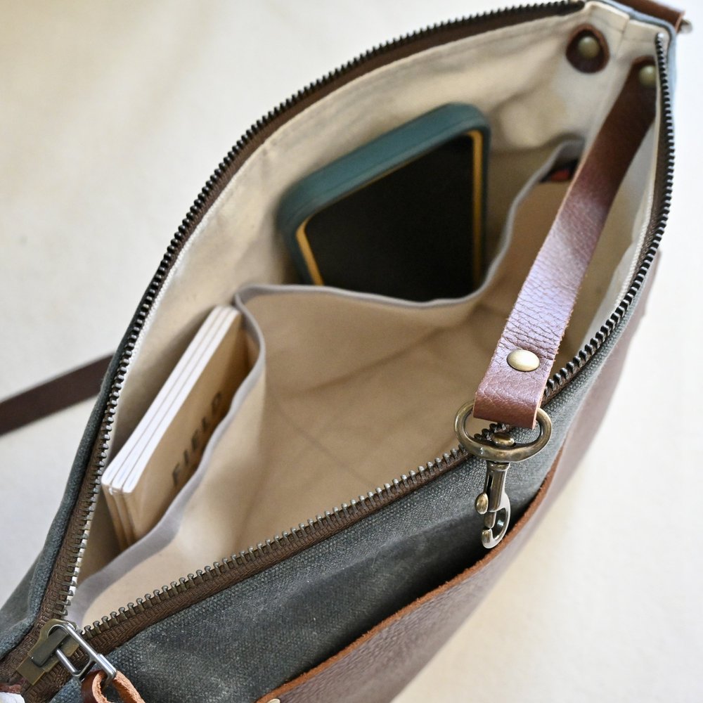 Handmade waxed canvas and leather crossbody Day Bag made and